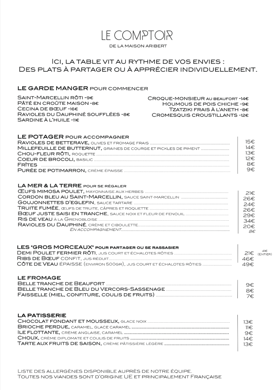 Première page de la carte du Comptoir de la Maison Aribert